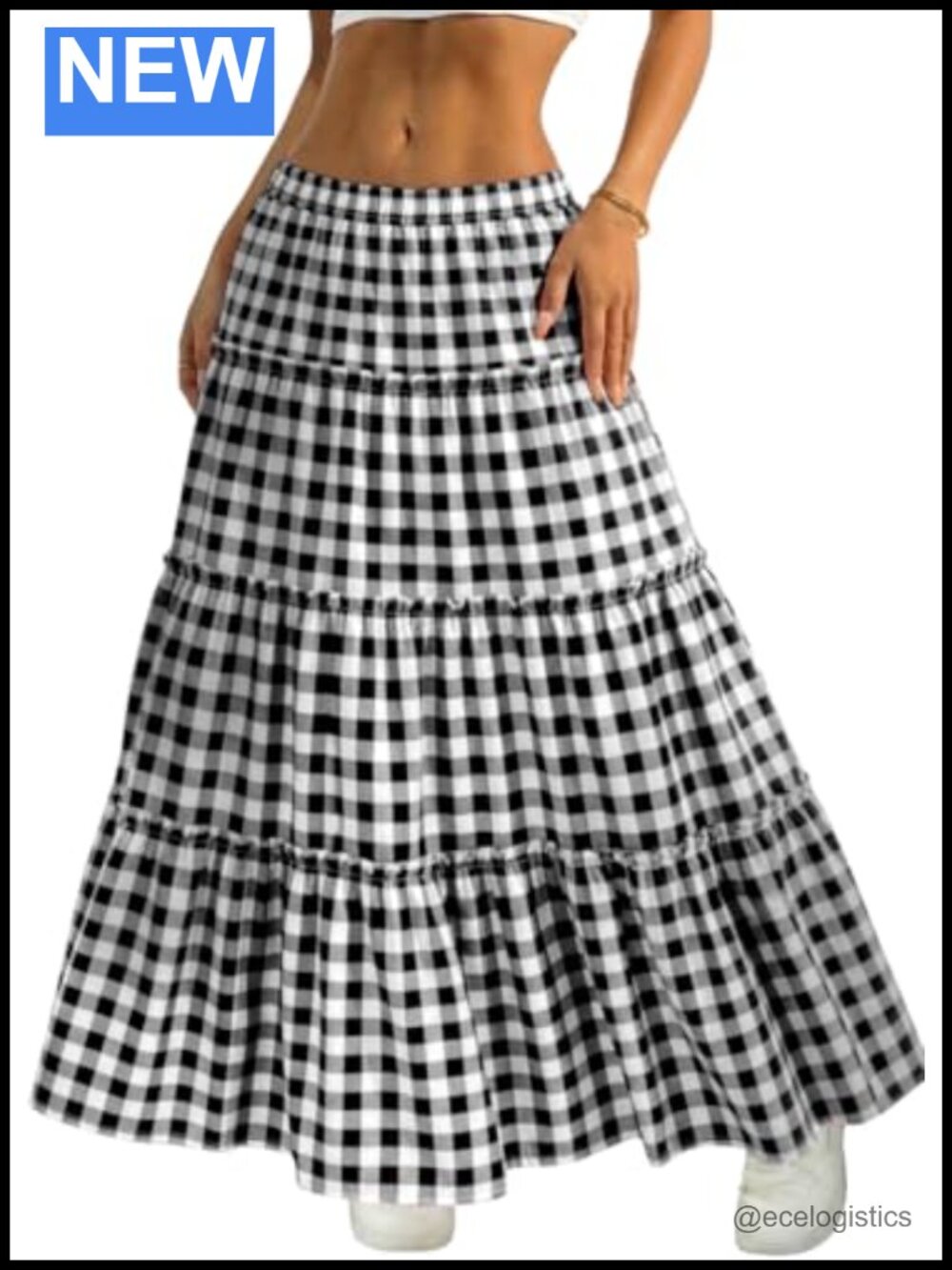 Gingham Boho Maxi Skirt A-Line Elastic Waist